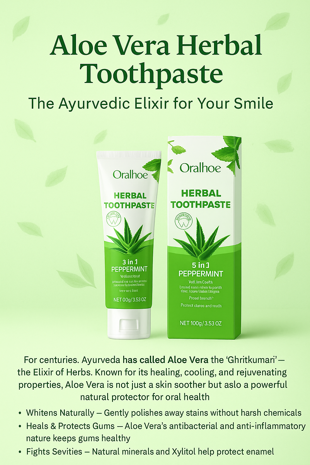 Oralhoe Herbal Toothpaste (5 in 1 Peppermint ) for Healthy and Sparkling White Teeth
