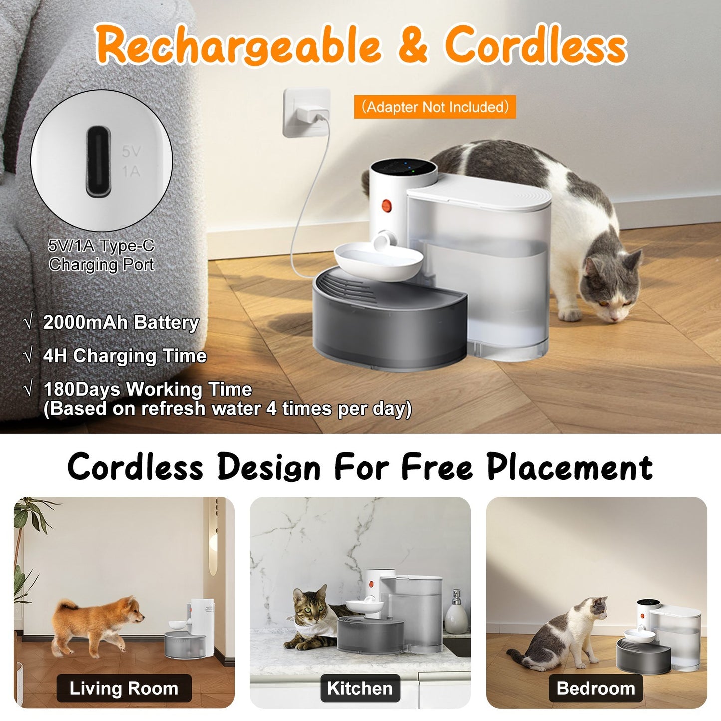Cordless Smart Pet Water Fountain – 3L, Auto, Adjustable Timer