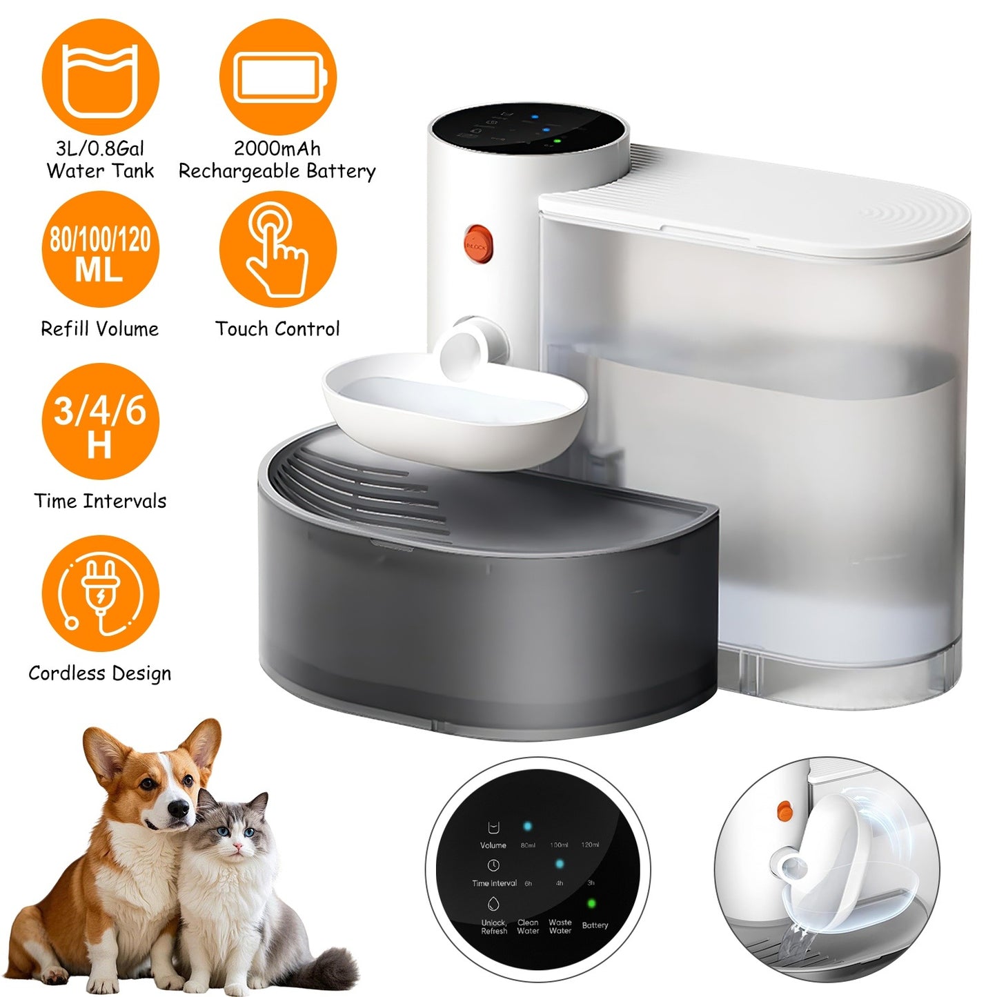 Cordless Smart Pet Water Fountain – 3L, Auto, Adjustable Timer