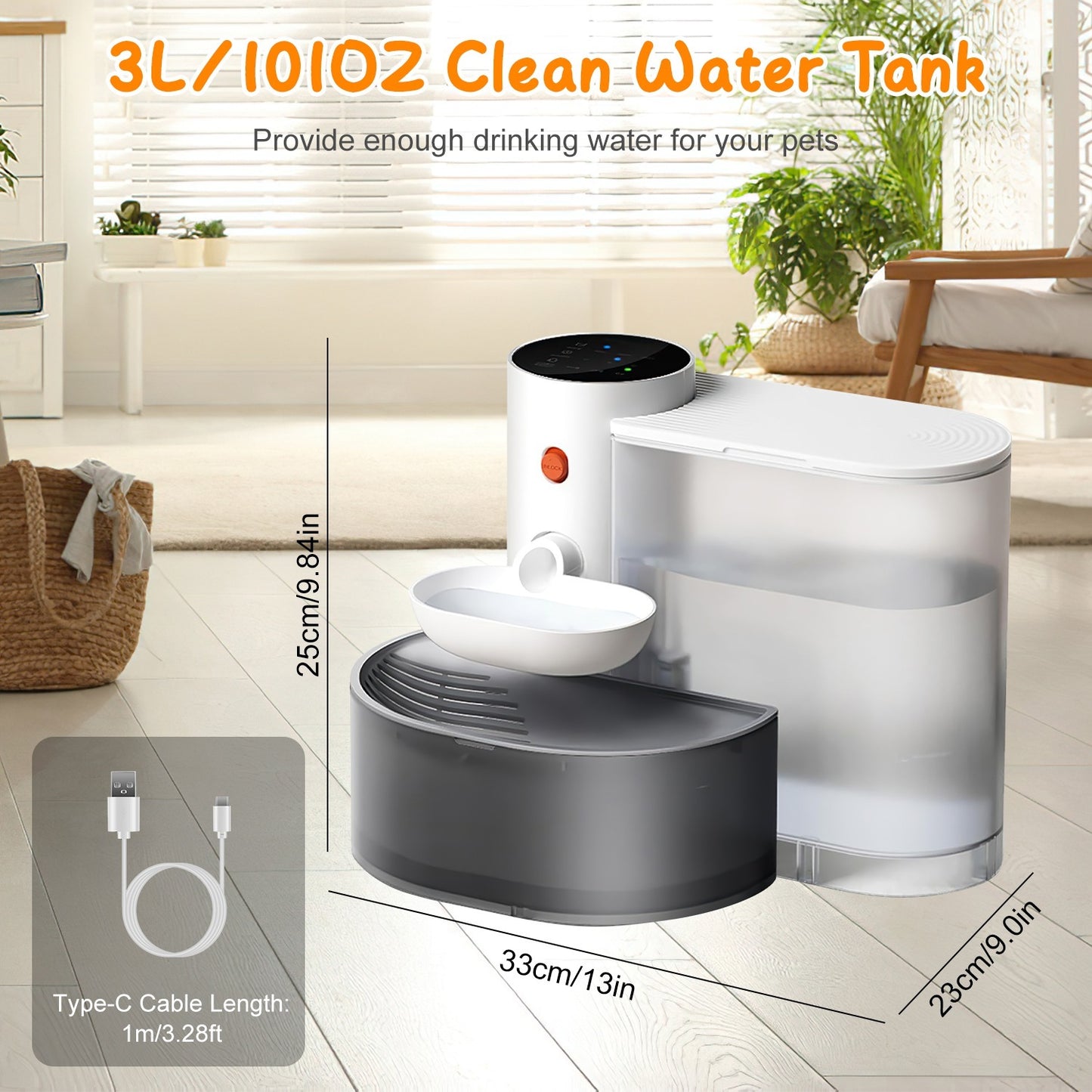 Cordless Smart Pet Water Fountain – 3L, Auto, Adjustable Timer