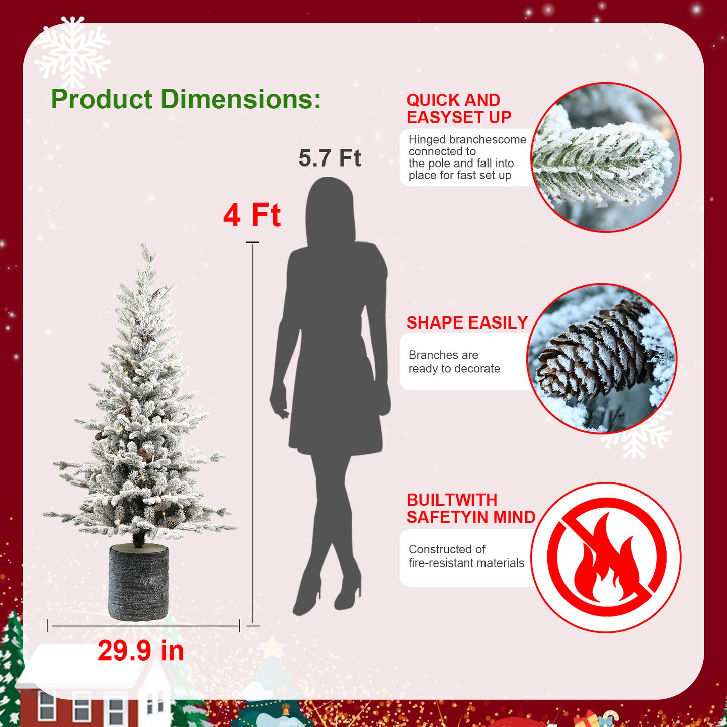2,3,4,5,6ft PE PVC Decorated Flocking Basin Tree Artificial Christmas Tree